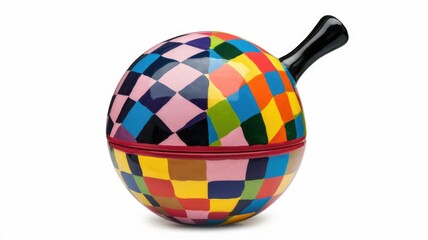 A colorful spherical container with a handle  featuring a geometric patchwork design.