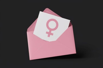 Pink envelope with a female symbol inside  representing women's empowerment and communication.