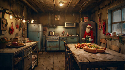 Santa Claus in a rustic kitchen with Christmas decorations and hot dogs on a table.