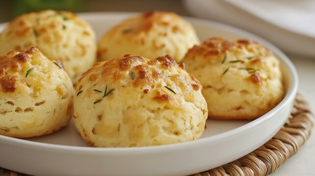 Golden, cheesy biscuits on a white plate, perfect for breakfast or a savory snack.