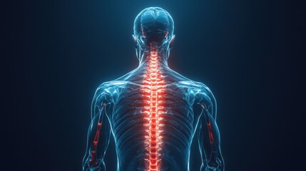 3D illustration of human spine anatomy glowing in advanced medical technology lab. Innovation in healthcare, diagnostics, anatomy study, futuristic scientific environment.