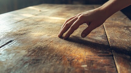 A hand wiping off dust from an old wooden table