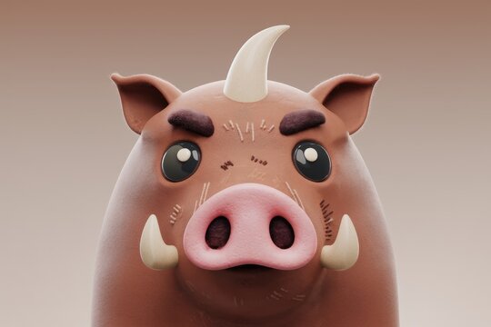 A cute cartoon boar with a prominent tusk  big eyes  and a pink snout.