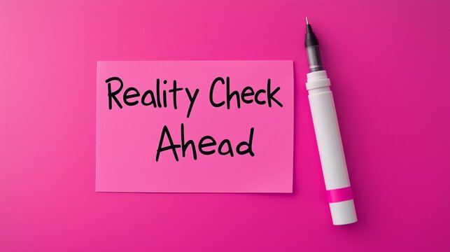 Bright pink note with 'Reality Check Ahead' beside a white and pink marker on a vibrant background.