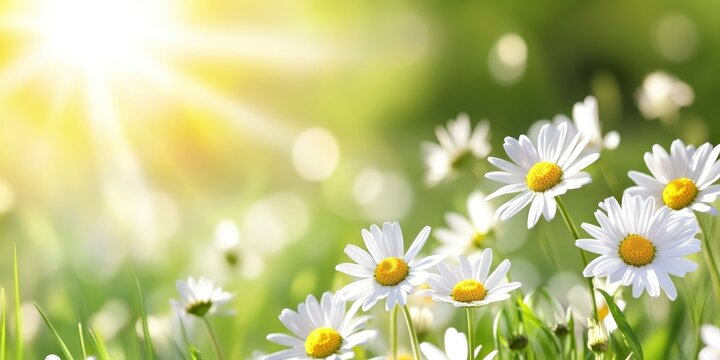 Spring meadow with daisies and grass with a white, yellow, and green color palette, and sunlight.