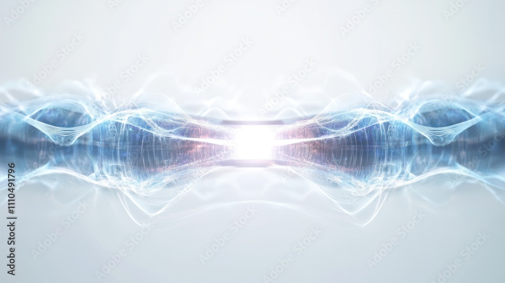 Poster conceptual image of a sleek and minimalistic quantum processing unit surrounded by dynamic waves