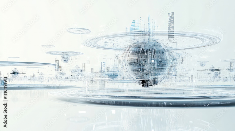Poster system with floating data streams and architectural blueprints emerging from a central hub,