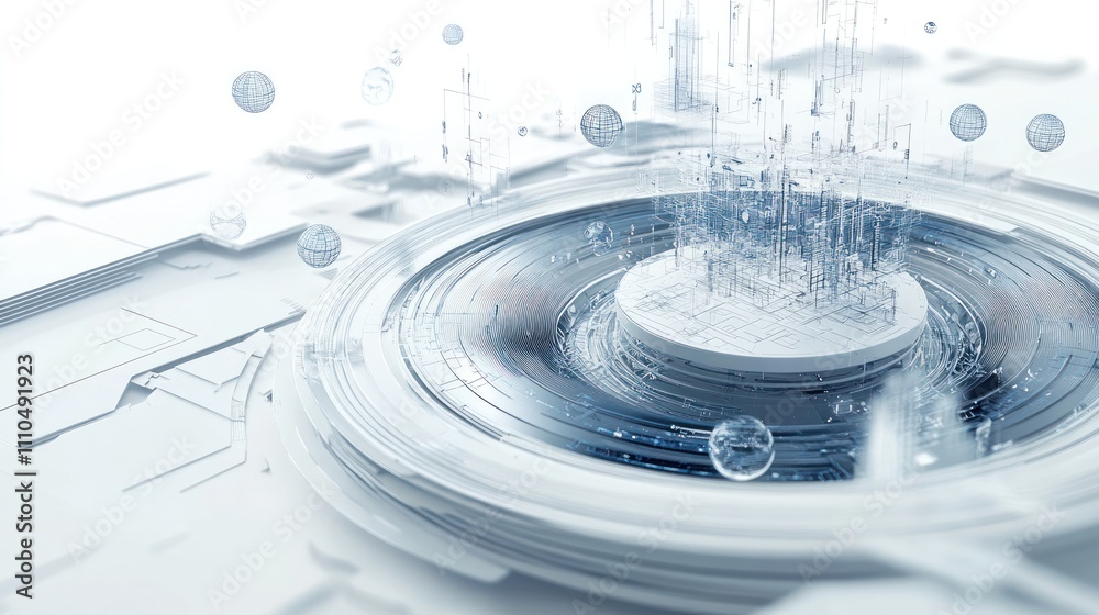 Poster system with floating data streams and architectural blueprints emerging from a central hub,