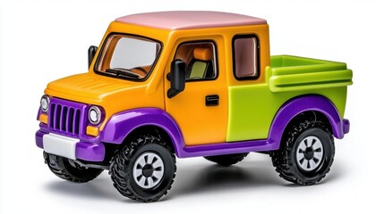 Fototapeta premium A photostock of a toy food truck in vibrant colors, isolated on a white background, styled for transportation and mobile business concepts. High Quality