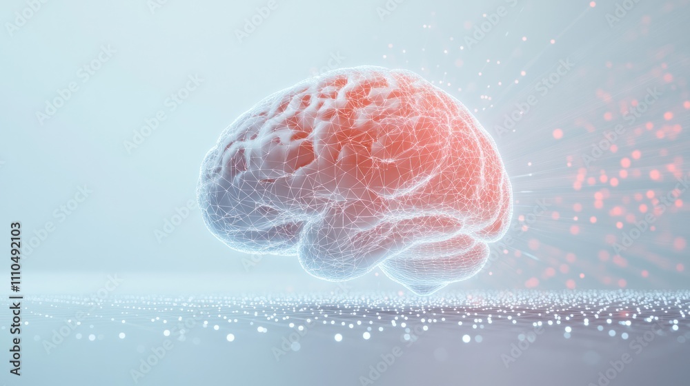 Poster brain with digital circuits and quantum particles swirling around it on a clean white background rep