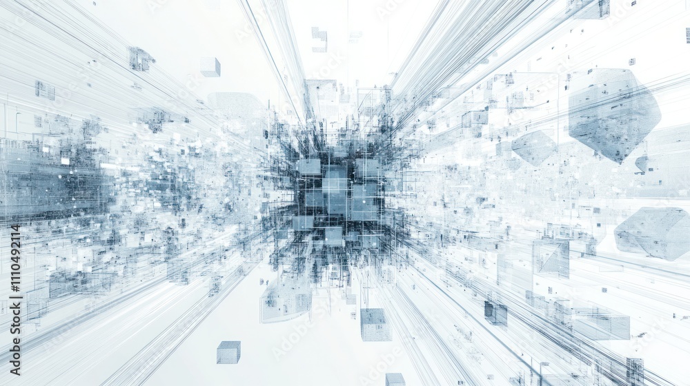 Poster system with floating data streams and architectural blueprints emerging from a central hub,