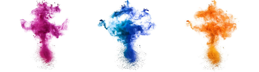 Obraz premium Colored powder explosion on white background. Abstract closeup dust on backdrop. Colorful explode. Paint holi