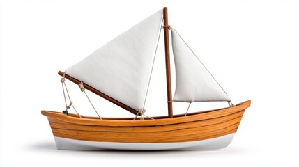 Obraz premium A photostock of a vintage wooden sailboat with a white sail, isolated on a clean white background for nautical or travel themes. High Quality