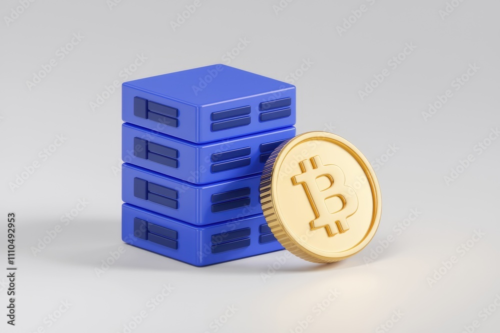 Poster Blue servers and Bitcoin coin symbolize cryptocurrency mining and blockchain.