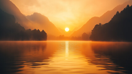 霧に包まれた湖と幻想的な夕日