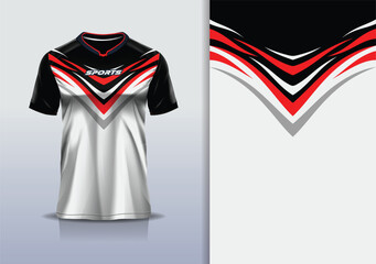 T-shirt mockup abstract curve line jersey design for football, soccer, racing, esports, running, in black white red color © Nimpuna O