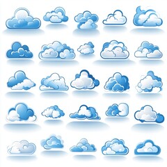 Collection of Unique and Colorful Cloud Illustrations Featuring Various Styles and Designs in Soft Shades of Blue and White for Creative Projects