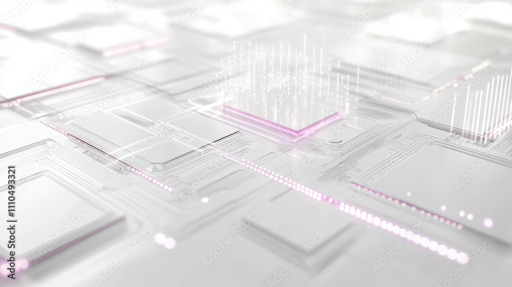 Poster grid layout featuring layered microchip architecture with luminous pathways and transparent holograp