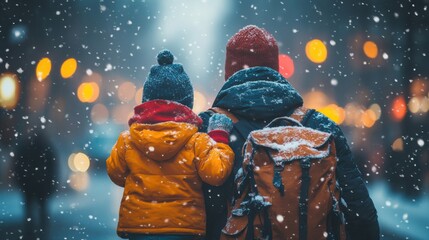 Parent and child enjoying snowy evening in winter city, warm clothing, family time, snowfall atmosphere, backpack, urban lights, festive season, cozy bonding, cold weather, outdoor scene.