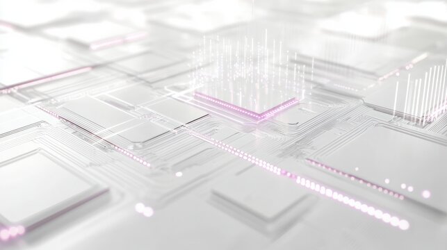 grid layout featuring layered microchip architecture with luminous pathways and transparent holographic