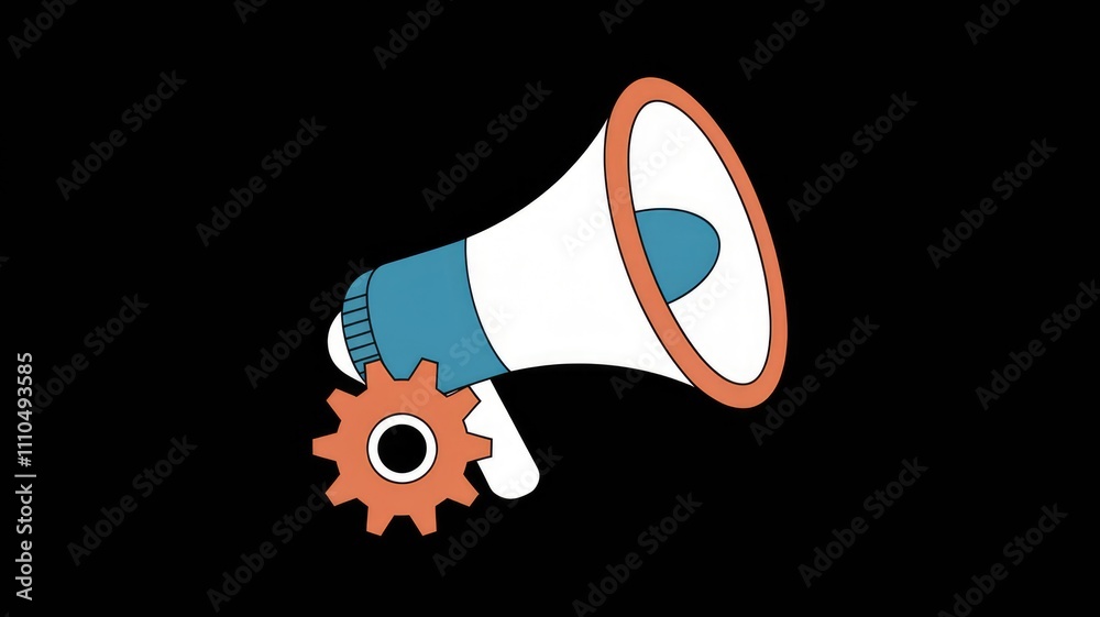 Poster a megaphone with a gear symbolizes efficient and effective communication.