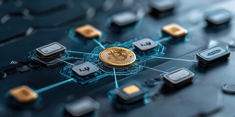 mobile payment cashless network concept. A close-up of a Bitcoin surrounded by digital interface elements, illustrating technology and cryptocurrency connections.