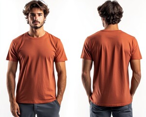 Stylish male model showcasing a plain orange t-shirt from multiple angles emphasizing comfort, fit, and modern fashion trends for casual wear and lifestyle photography