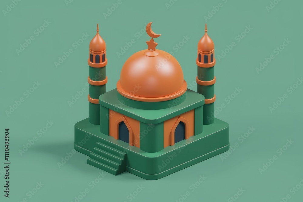 Poster a 3d model of a mosque showcasing its architectural details with a green base and orange dome.
