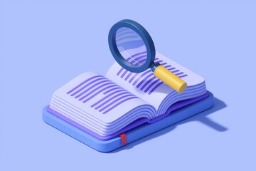 A magnifying glass rests on an open book  symbolizing research  reading  and discovery of knowledge.