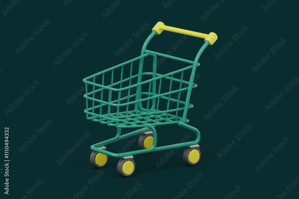 Poster a teal miniature shopping cart with yellow handles and wheels isolated on a dark background.