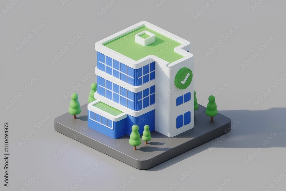 Aufkleber A 3D isometric rendering of a modern office building with a green roof  surrounded by small trees.