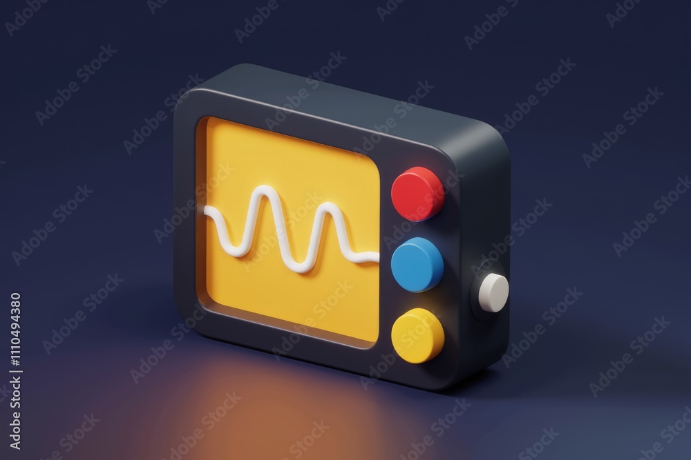 Poster a stylized 3d model of a vintage television displaying a waveform.