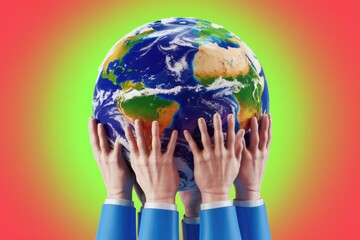 Multiple hands in blue suits hold a globe  symbolizing global cooperation and responsibility.