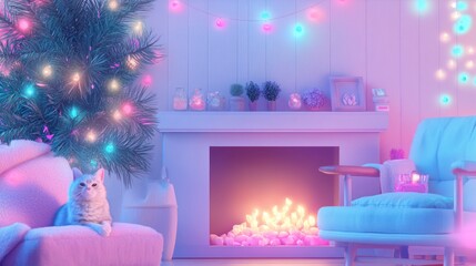 A cozy room in soft pastel tones. A decorated tree with fairy lights, a glowing fireplace with a warm light, a comfy chair, and a white cat on the stool create a festive and warm ambiance