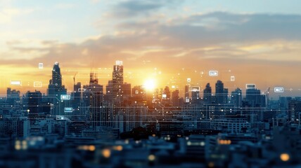 mobile payment cashless network concept. A vibrant sunset over a city skyline, showcasing modern skyscrapers and digital overlays, symbolizing technology and urban life.