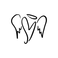 Black grunge brush vector hand drawn symbol cute heart with wings and nimbus illustration clip-art winged angel. Love Valentine symbol. Decor element for logo, label, emblem, poster, postcard, nail