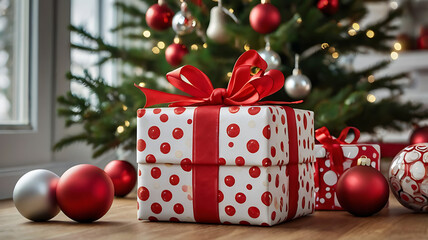Wrapped Christmas gift with red ribbon and ornaments near decorated tree.