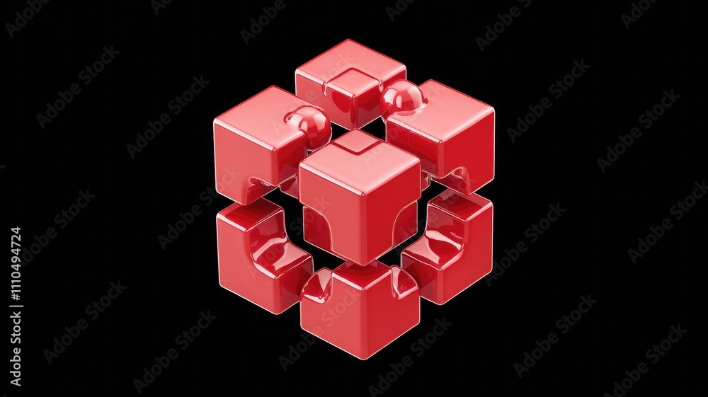 Aufkleber Interlocking red cubes with glossy surfaces form a complex 3D structure.