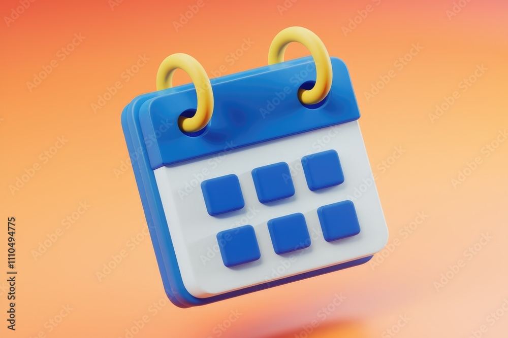 Poster a 3d rendered blue calendar icon with yellow hanging rings symbolizing scheduling and planning.