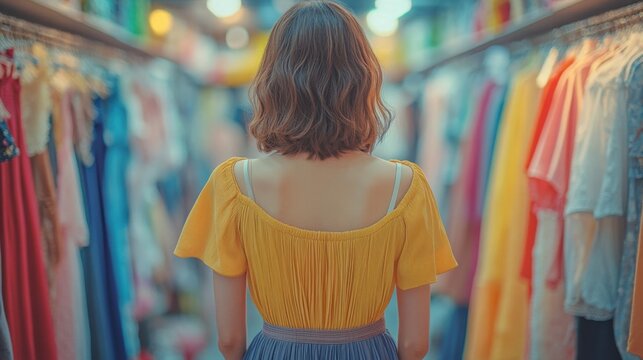 Woman in vibrant yellow dress browsing colorful boutique, surrounded by dresses, feminine style, artistic vibe, fashion-forward retail, bold colors, chic shopping environment, casual outing.