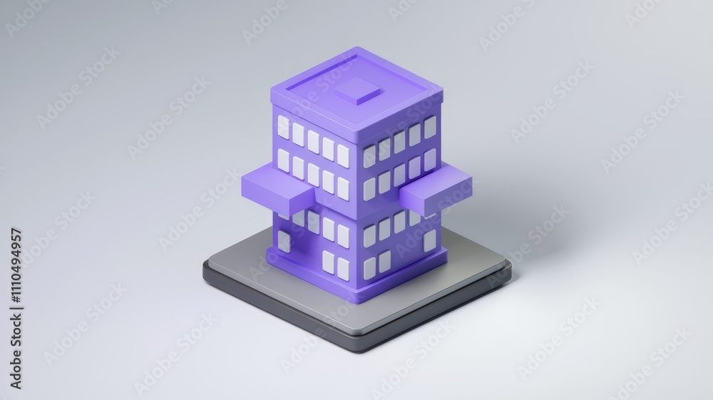 Poster a low poly 3d model of a purple building on a gray base.
