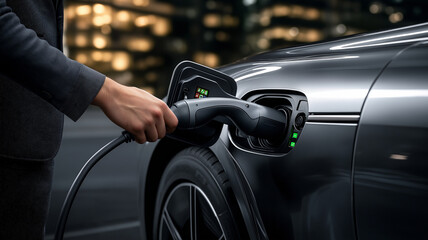 Charging electric vehicle at night with city lights in background
