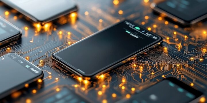 mobile payment cashless network concept. A collection of smartphones on a circuit board, illuminated by glowing lights, showcasing modern technology and connectivity.
