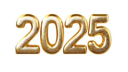 Golden numbers of year 2025 isolated on white transparent background. New year 2025.
