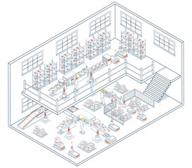 Smart warehouse system leverages AGVs and AMRs to automate operations, optimize inventory management, and enhance operational efficiency through real-time data analytics. Vector illustration EPS 10