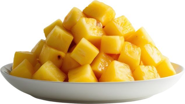 A vibrant dish of diced mangoes presented in an elegant white bowl, isolate on transparent background.