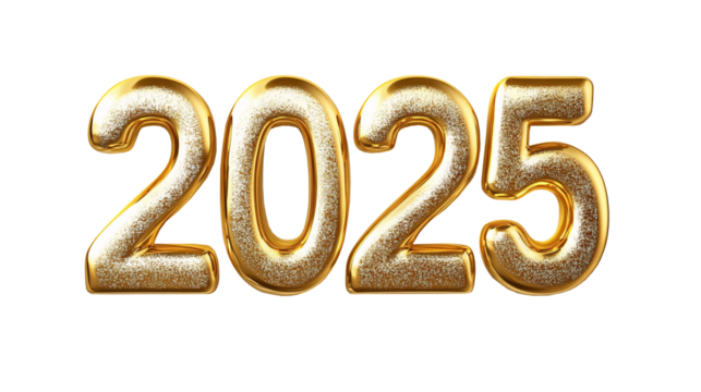 Golden numbers of year 2025 isolated on white transparent background. New year 2025.