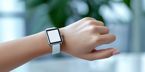 mobile payment cashless network concept. A modern smartwatch on a wrist, set against a blurred natural background, showcasing technology and style.