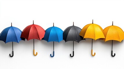 A photostock of freshly painted colorful umbrellas arranged in a neat row, isolated on a white background for vibrant seasonal themes. High Quality