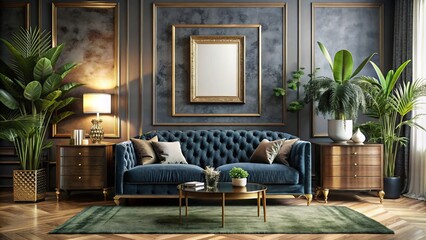 Luxurious Modern Living Room Featuring Velvet Sofa, Wooden Commode, Elegant Accessories, Plants, and Gold Decor in a Classic House Setting – Perfect for Interior Design Inspiration